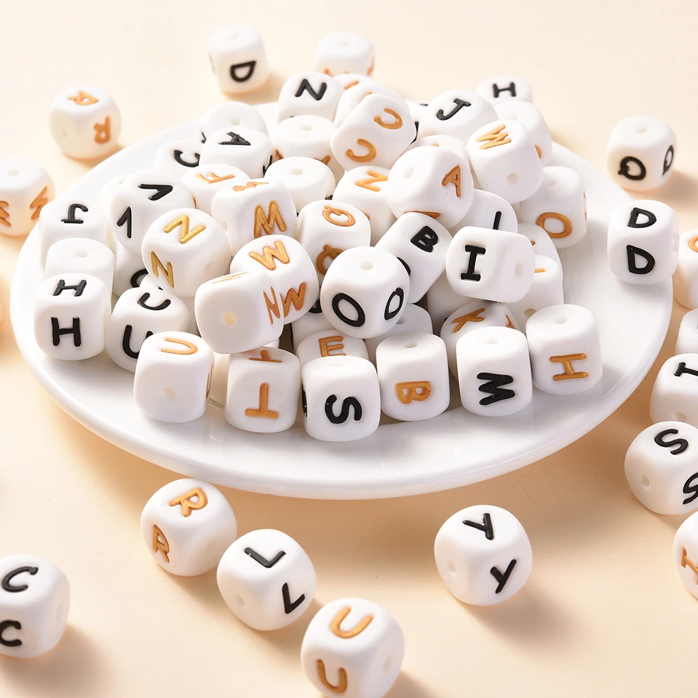 

10Pcs 12mm Silicone Beads Letters Golden Black English Alphabet Letter Bead Bpa Free Material for Diy Chew Necklace Teether Toys