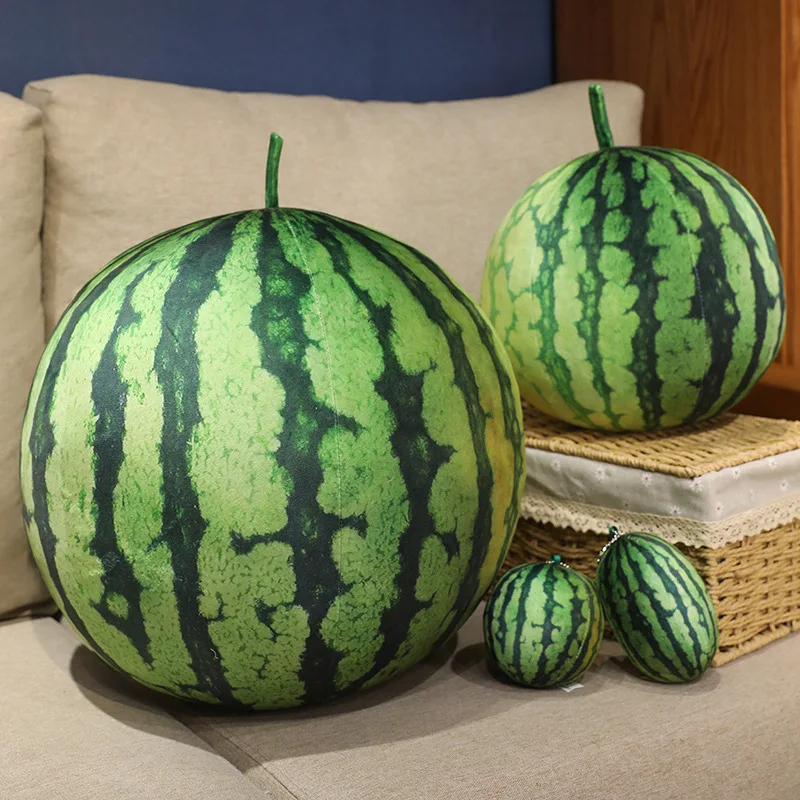 Neues 3D-Wassermelonen-Plüschtier, lebensechtes rundes und ovales Wassermelonen-gefülltes Kissen, niedliches Wassermelonen-Puppen-Sofa, dekoratives Obstkissen