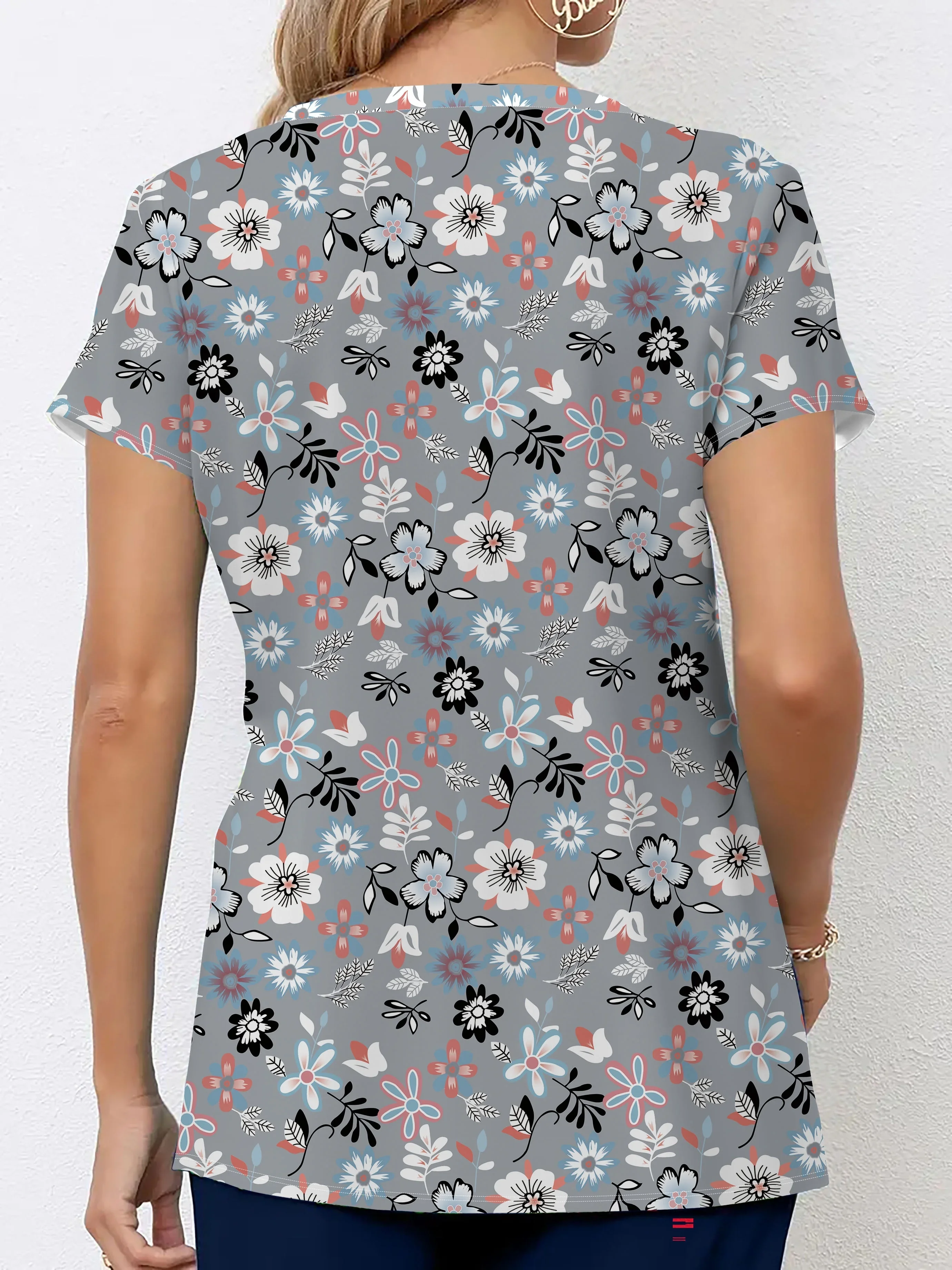 Floral Print V-Neck Clinical Uniform Top for Women Stretchy Sanitary Dental Short Sleeve Medico Nurse Uniform Wholesale