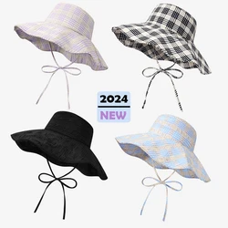 Summer Vintage Black White Plaid Sun Hats Women Breathable Fashion Versatile Large Brim Bucket Hat Beach Sun Protection Panama