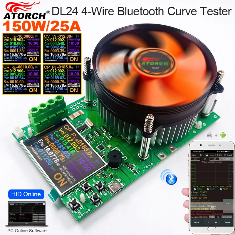 ATORCH 150W 25A Battery Capacity Tester DC USB Electronic Load Lithium Discharge Monitor