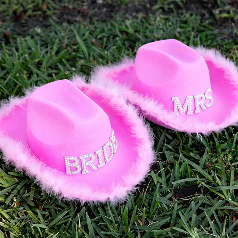 Mrs Bride Pearl Letters Pink Bride To Be Cowboy Hats with Feather Bachelorette Party Bride Squad Wedding Decration Supplies