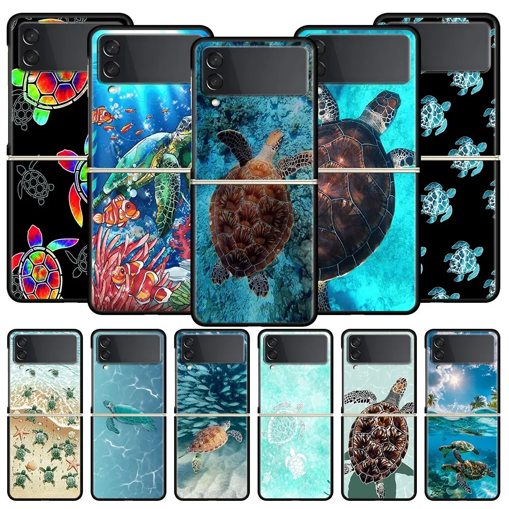 lovely Cartoon sea turtle ocean blue Phone Case For Samsung Z Flip3 Flip4 Flip5 PC Shell For Z Flip 3 4 5 Hard Folding Cover