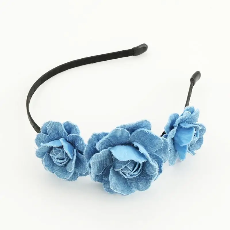 

652F Sweet Headbands Washed-Denim Rose Headband Fashion Headwear Multipurpose Yoga Sports SPA Hair Hoop for Woman