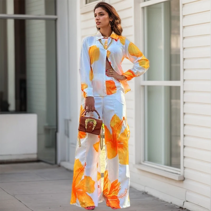 Office Lady Two Piece Set Fashion Chic Print Shirts and Wide Leg High Waist Pants Sets Casual Single Breasted Long Sleeve Suits