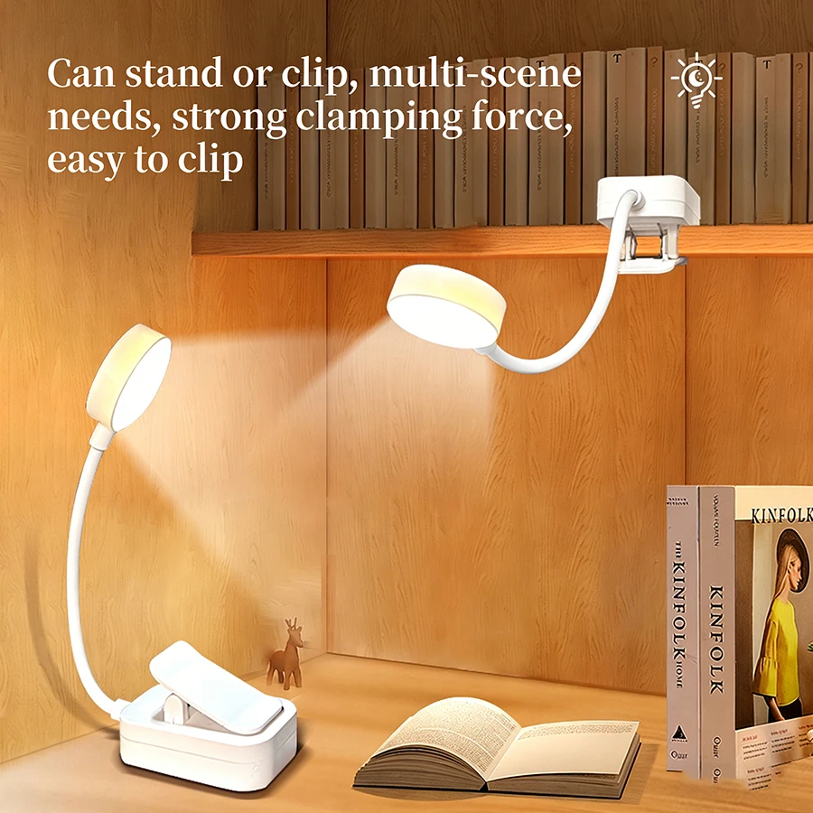 Lámpara LED recargable para escritorio, luz para libros con clip, protección para los ojos, portátil, 3 colores, regulable, para dormitorio, estudio, lectura, iluminación