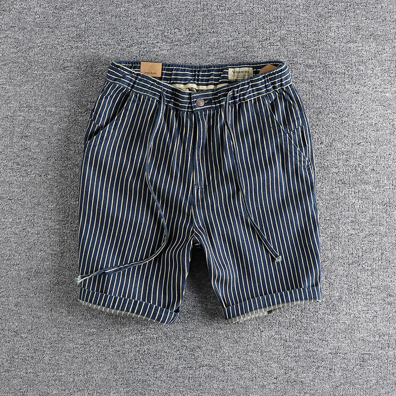 Retro Pinstripe Washed Denim Shorts for Men Blue Casual Loose Straight Half Pants for Youth Male 100% Cotton Harajuku Vintage