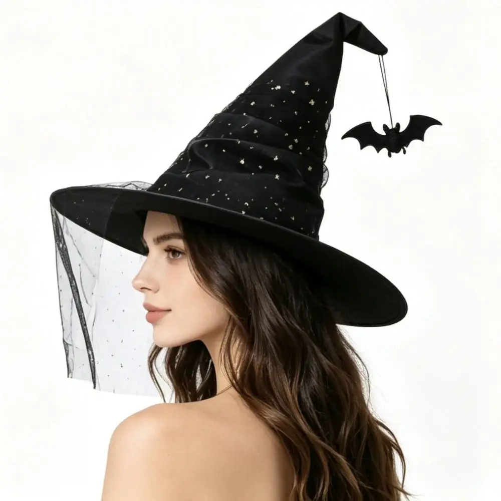 Mesh Yarn Cover Halloween Witch Hat Spider Bat Pendant With Veil Cosplay Accessories Bendable Tall Pointed Cone Top