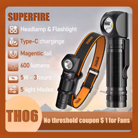 NEW SUPERFIRE TH06 High Power LED Headlamp 18650 Type-C Rechargeable Headlight Angle Flashlight with Power Indicator Magnet Tail