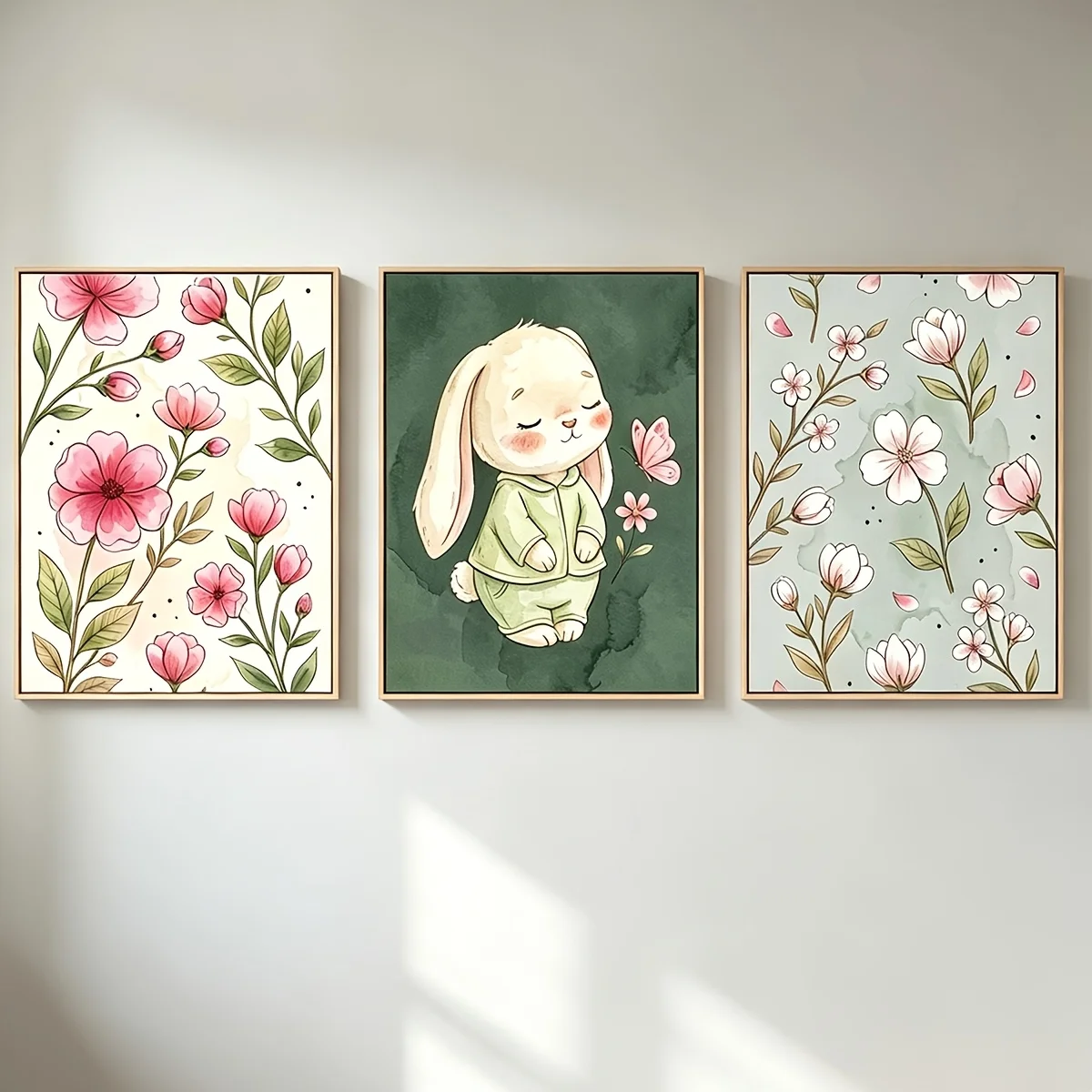 （NoFrame 3PCS)-2D Flat, Set of 3 Pastel Boho Nursery Wall Art Prints - Sleeping Bunny Rabbit, Magnolia Flower & Sage Green Su