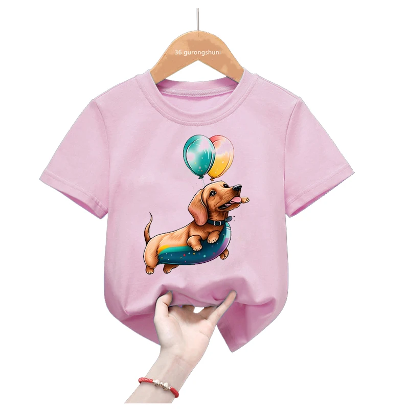 2024 Hot Sale Funny Pink T Shirt Girls Kawaii Dachshund Love Balloon Animal Tshirt Kids Clothes Summer Tops Tee Shirt