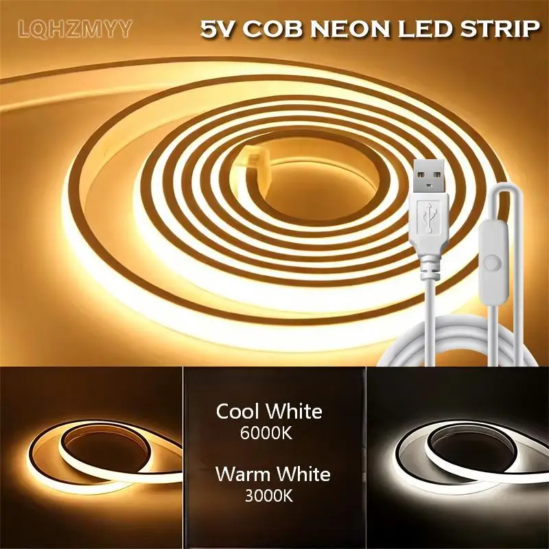 Cob Neon Led Strip, Dc5V USB Type-A Physical Button Switch, High-Density Led Beads, High-Brightness Neon Led Strip, Ip65 Waterproof, Suitable for Indoor Ceiling, Kitchen Cabinets, Sofa, Hallway Decoration