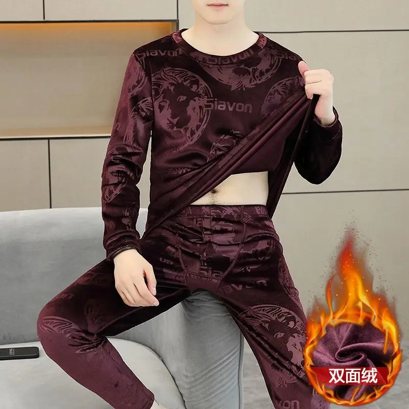 남성용 보온 내의 양면 플리스 세트 겨울 청소년용 플리스 두꺼운 롱존 방한 크루넥 이너웨어 세트