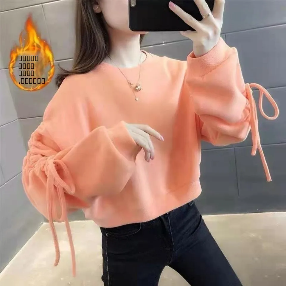 

Женская укороченная толстовка с флисовой подкладкой и круглым вырезом, стильная, утягивающая, в корейском стиле, модная, осенне-зимняя новинка