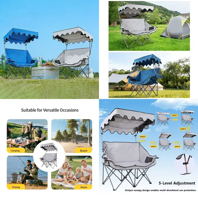 Folding Chair Canopy Oxford Fabric Multi-Functional Portable Double Recliner Sofa Chair for Outdoor Camping Outdoor Furniture