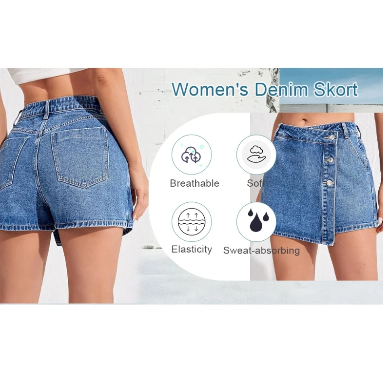 Women's High Waisted Denim Skort Asymmetric Button Detail Frayed Hem Skirt Shorts Summer Casual Streetwear Trendy Outfits