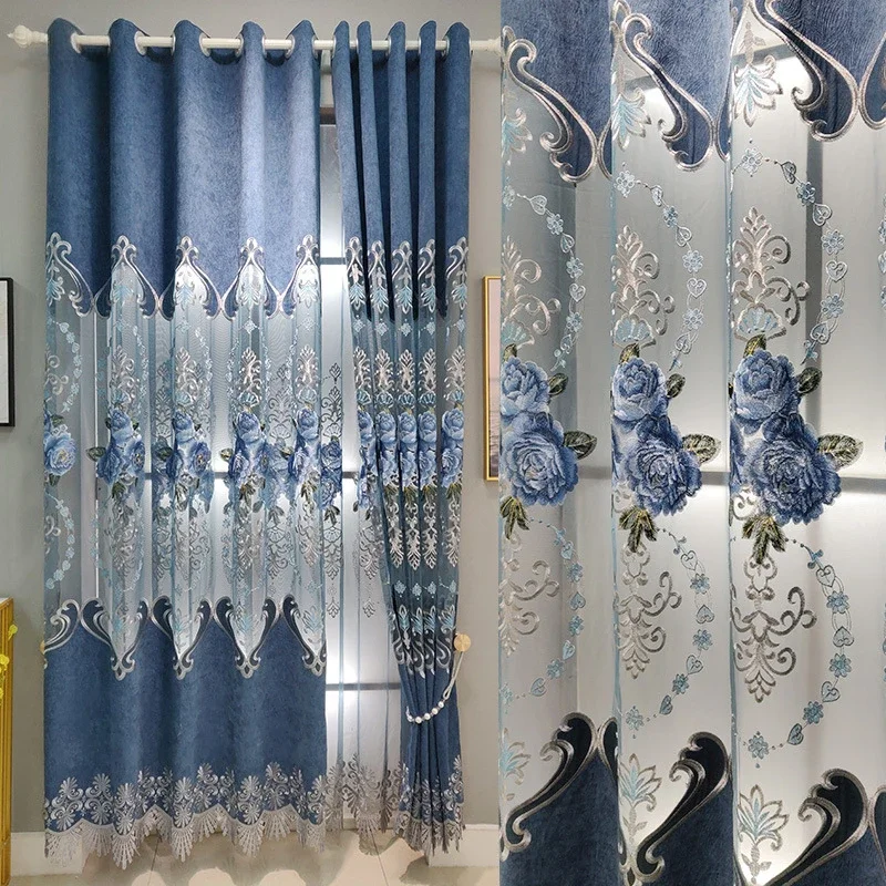 

Europe Style Exquisite Embroidered Curtains For Living Room High-quality Blue Gray Chenille Decorative Bedroom Kitchen Curtains