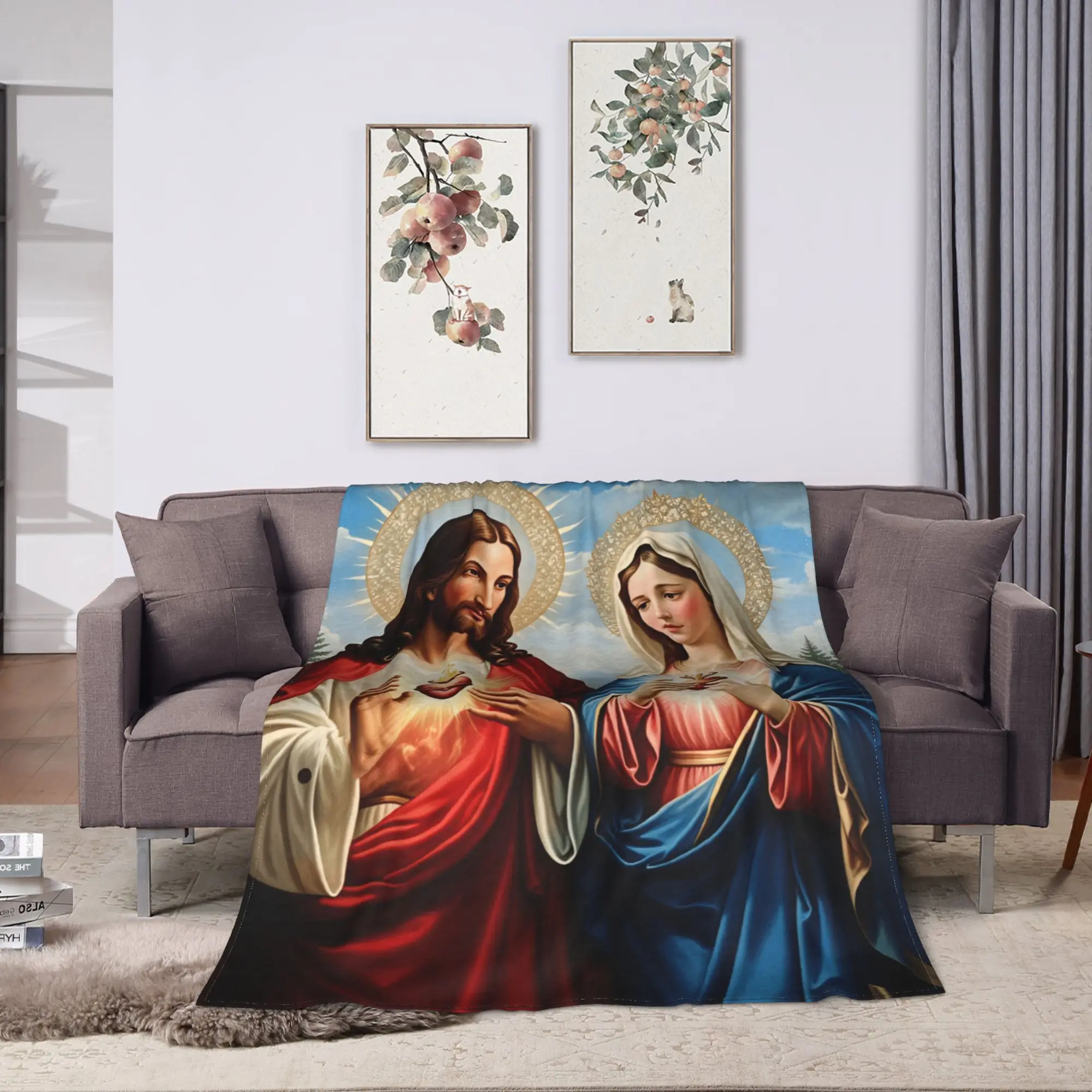 Sacred Heart of Jesus and Immaculate Heart of Mary Comfortable Blanket  Funny Camping Bedding Throws Home Bedspread Bed Cover
