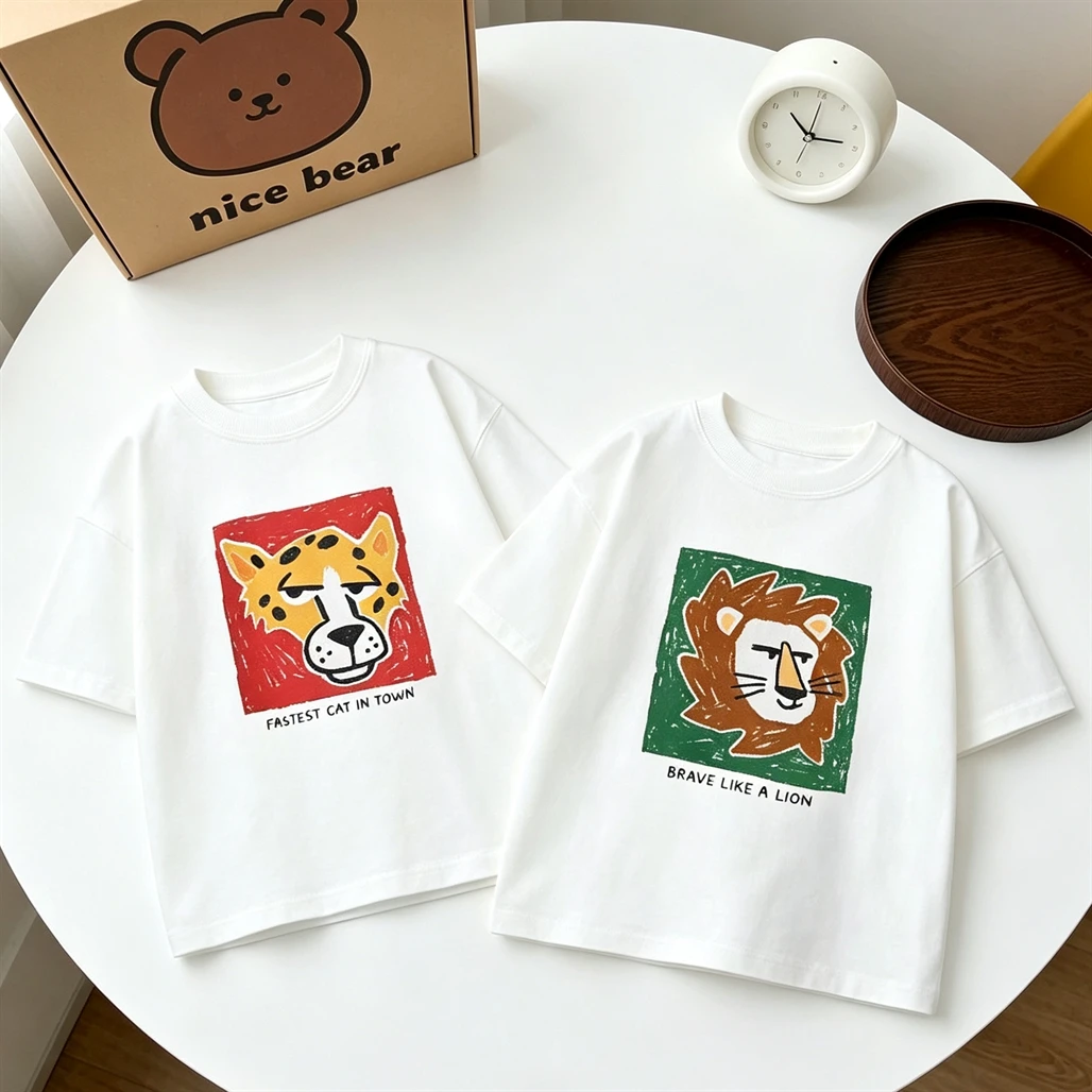 Pure Cotton Clothes 2026 Summer Child's Fashion TShirt Crewneck Base Shirt Simple Versatile TShirt Boys Girls Cute Printing Tees