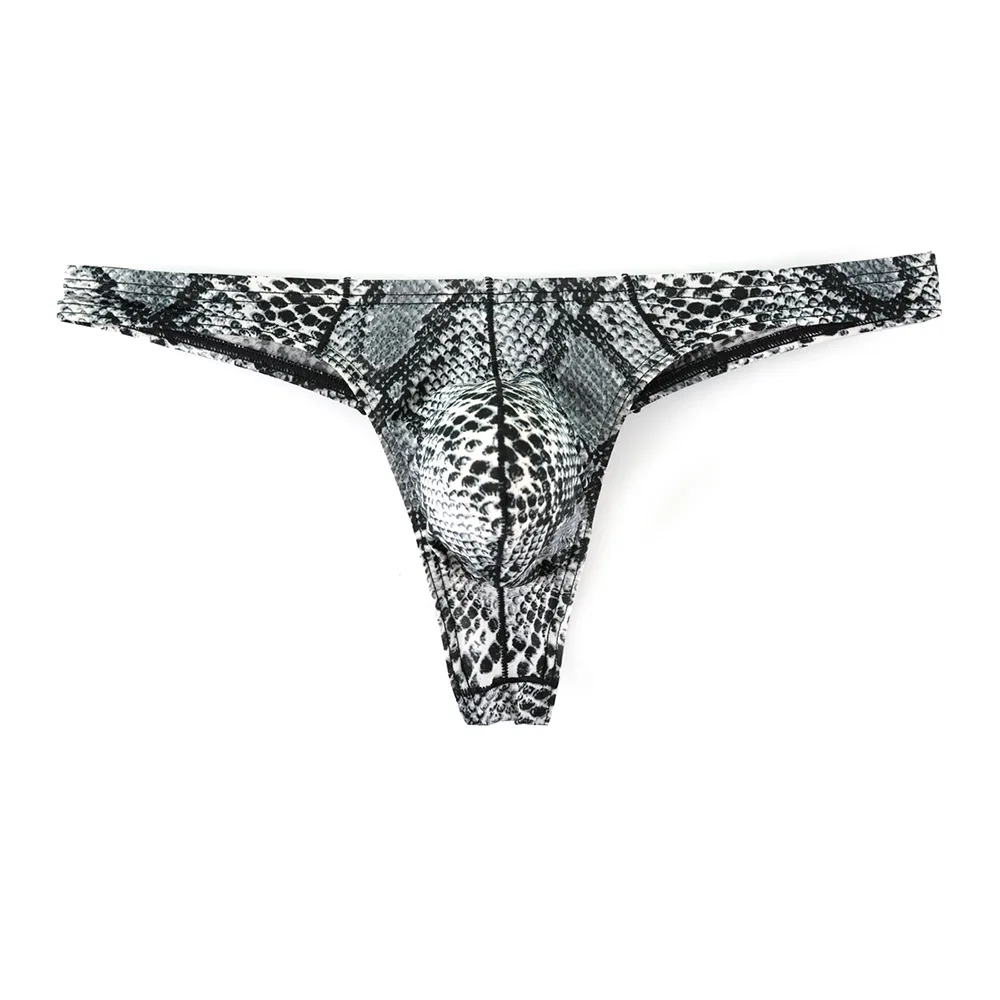 Men's Bulge Thong Gays Sexy Mid-Rise U Convex Pouch T-Back Underwear Snake Printed Nylon Panties Sissy Erotic Open Butt G-string