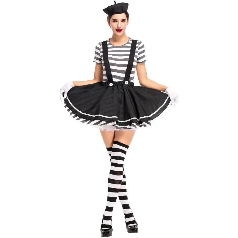 Adult Women Mesmerizing Mime Cosplay Costume Women Sexy Funny Circus Clown Costume For Halloween Party Fancy Dress