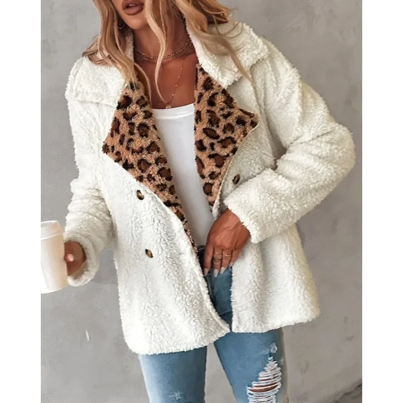 New Women Fashion Long Sleeve Leopard Patchwork Coat Jackets Ladies Casual Short Design Retro Outerwear Tops