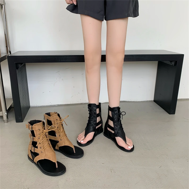 2023 Rome Gladiator Sandals High Top Boots Summer Booties Cut Out Flat Wedge casual Shoes Women Lace Up Thong Sandals Brown