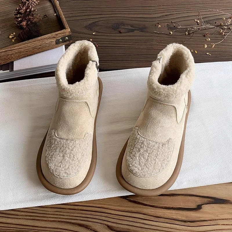 

Winter Plush Round Toe Flat Woman Shoes 2025 New in Boot Chic and Elegant Work High Quality Lamb Booties Snow Boots for Women