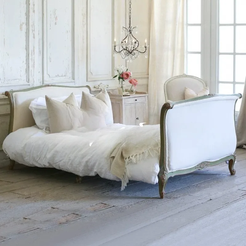 American rural double bed fabric soft bed retro solid wood carving flower bed master bedroom marriage  can be customized