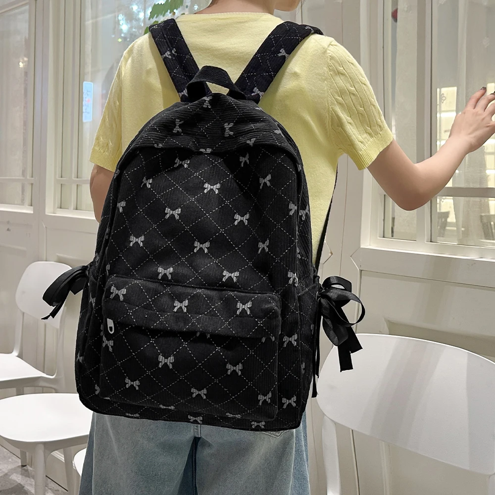Corduroy Bow Backpack for Female College Students, Versatile Backpack for High School and Middle School Students