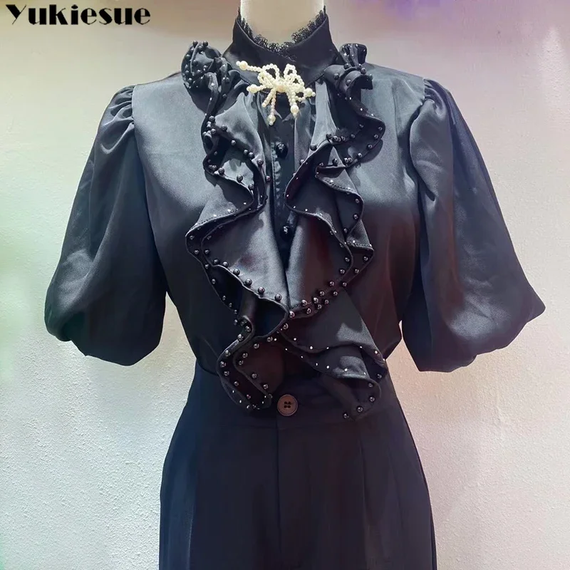 

Women T-Shirts 2023 Spring Autumn Korean Edition New Style Versatile Fashion Puff Sleeve Work Solid Ruffled Tops Office Lady