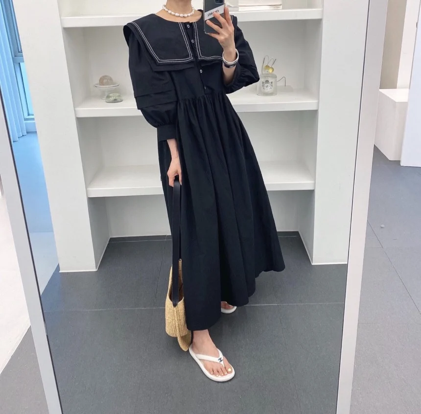 Chic Korean Spring Summer Maxi Dress Half Lantern Sleeve Double Navy Collar Lady Single Breasted Loose Casual Holiday Dress