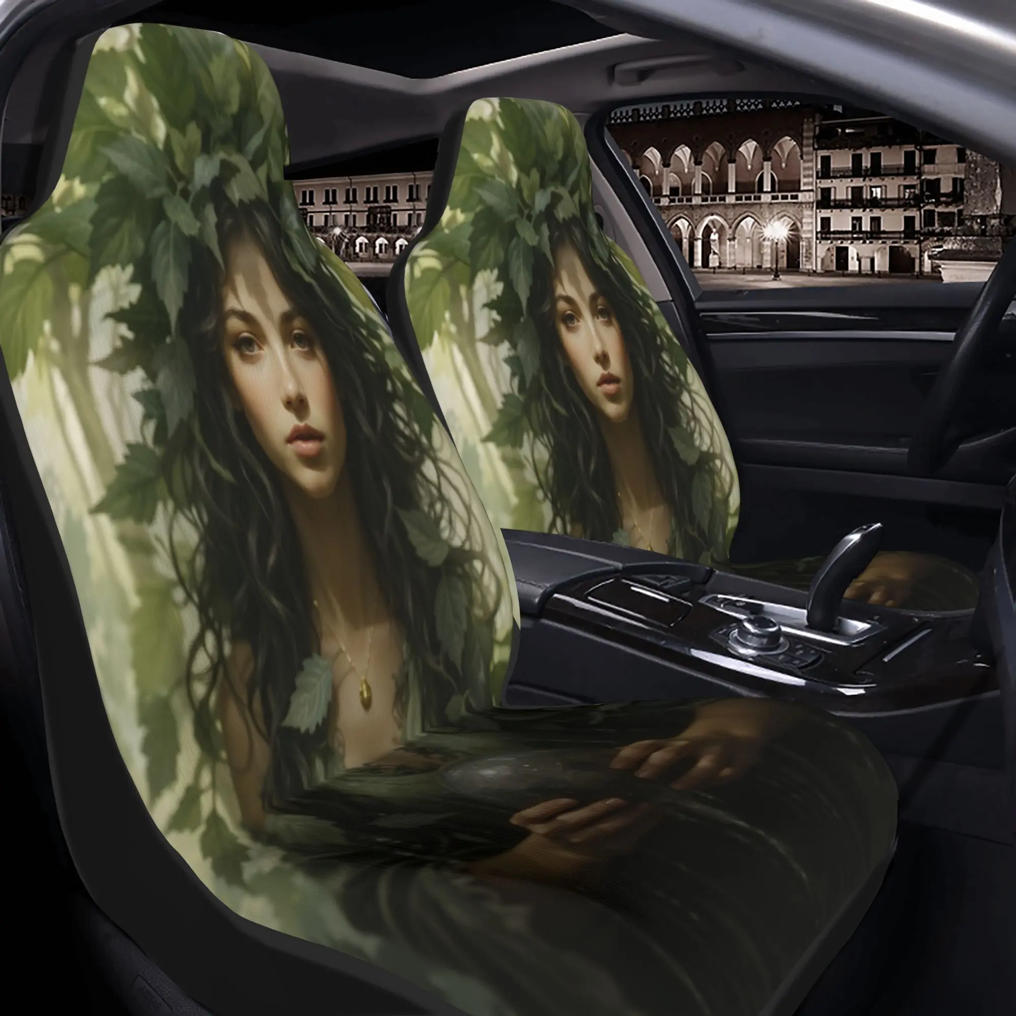 Set Of 2 Forest Nymphs Adorned With Leaf Crowns, Each Holding A Crystal Orb In A Magical Forest. These Car Seat Covers Fit For A