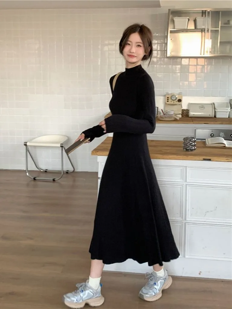 Feminino preto francês meados de bezerro a linha vestido de malha chique semi-gola alta emagrecimento manga longa quente em camadas outono inverno exclusivo