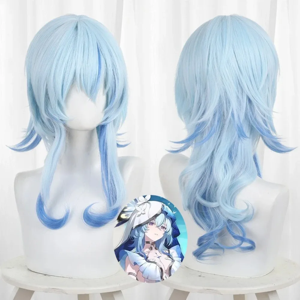 

Mingchao Shou An Ren Cosplay Wig Woman Sky Blue Gradient Scalp Top Medium Long Hair Anime Girl Wig Headband
