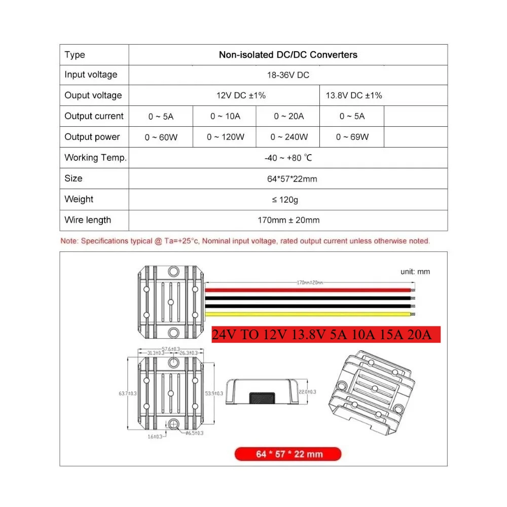 

24V TO 12V 13.8V 5A 10A 15A 20A DC DC Step-down Power Converter 24 Volt to 12 Volt Buck Regulator Voltage Transformer