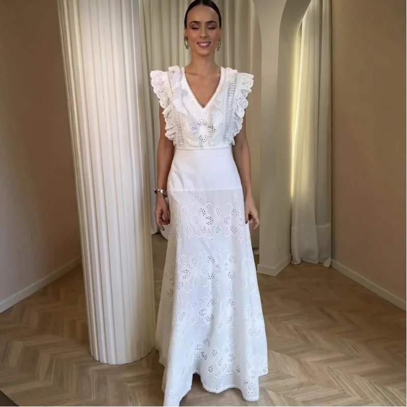 

Vacation Style White Suit Summer 2025 Australia Ruffled Sleeve Short Top Embroidered Hollow Skirt Long Skirt