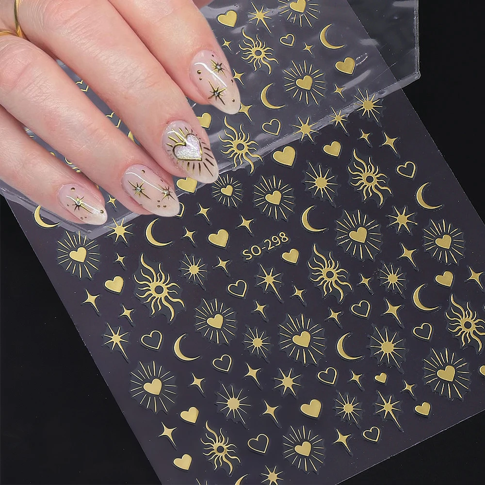 

1pc Gold Stars Moon Sun Nail Stickers 3D Sparkling Holographic Love Heart Radiant Star Self-Adhesive Nail Art Decal DIY Manicure