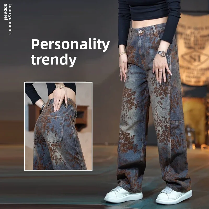 

Winter Fce Embroidered Men's Jeans Vintage Faion Versatile Loose Knife Long Pants Personali Warm Casual Trousers