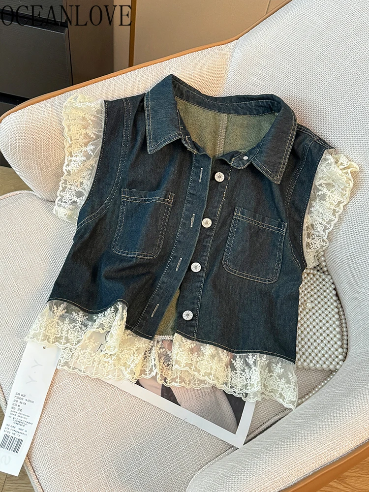 

OCEANLOVE Lace Flying Sleeve Denim Jackets for Women Ruffles Korean Fashion Vintage Vests Spring Autumn Chic Chaquetas Mujer