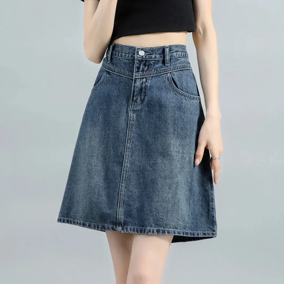 

Retro dark plus size denim skirt, mid length skirt, women's summer new high waisted pear shaped dress, A-line half body skirt