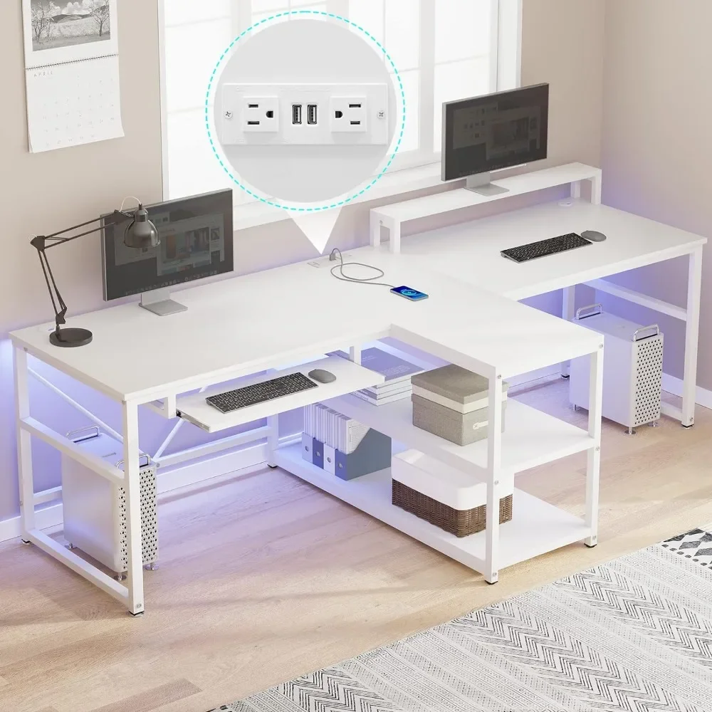 94.5 "Home-Office-Schreibtische, Computer-Gaming-Schreibtisch mit Stauraum, LED-Leuchten, Steckdosen leiste mit USB, Tastatur ablage und Monitorst änder