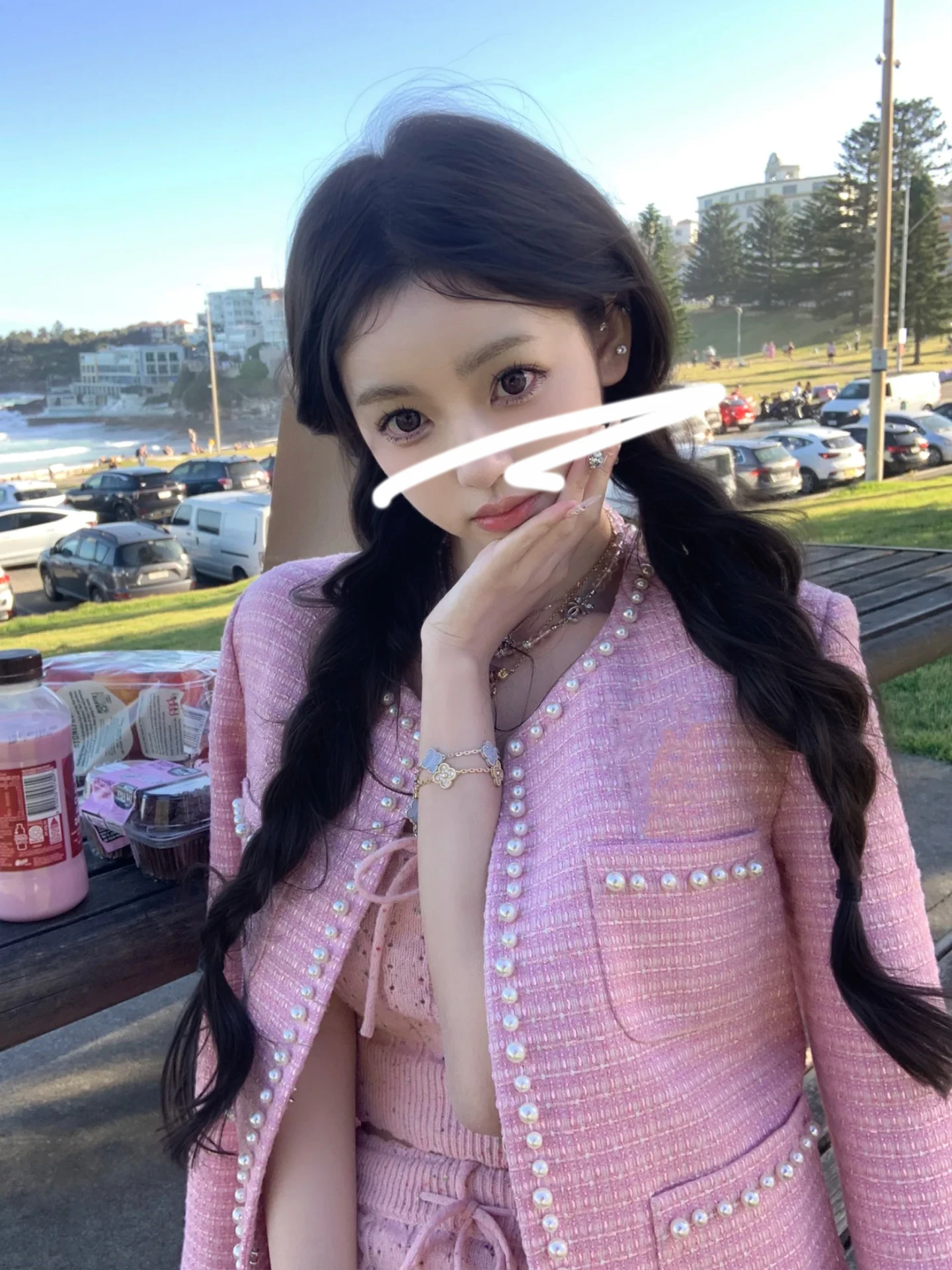 

Pink Pearl Heavy Embroidery Woolen ort Coat Women's Autumn Faion Small Square Sle Straight Cut Pearl Decorated