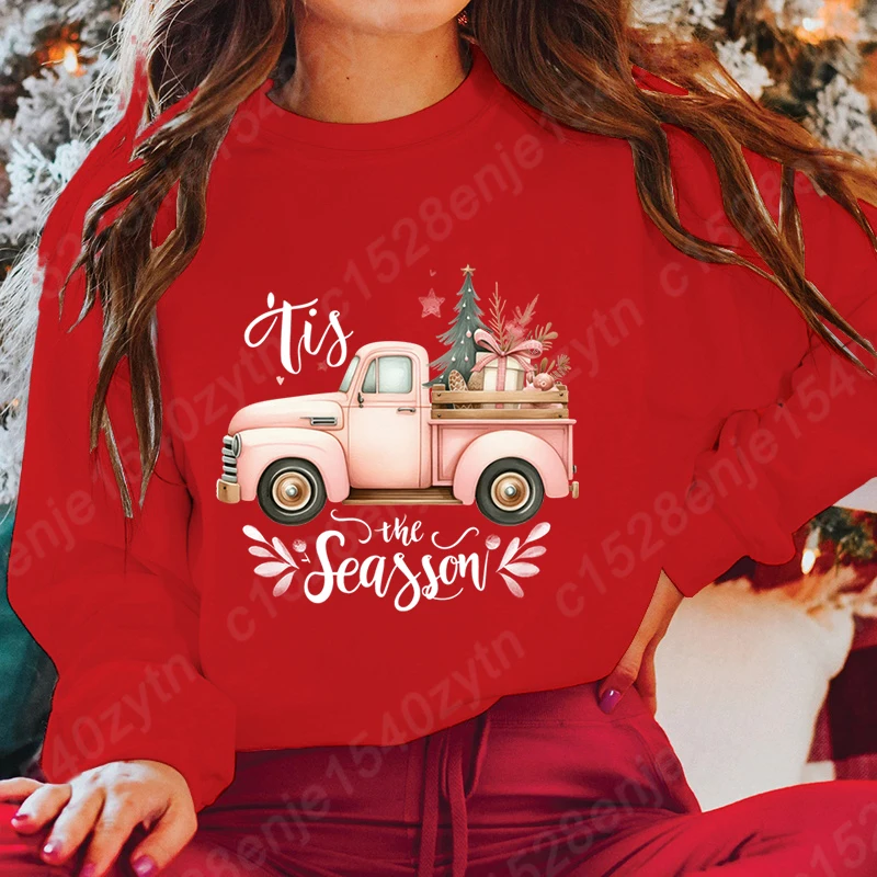 

Popular Christmas Truck 'Tis The Season Print Pullovers Women Pure Color Round Neck Hoodless Sweatshirt Autumn Winter Sweatshirt