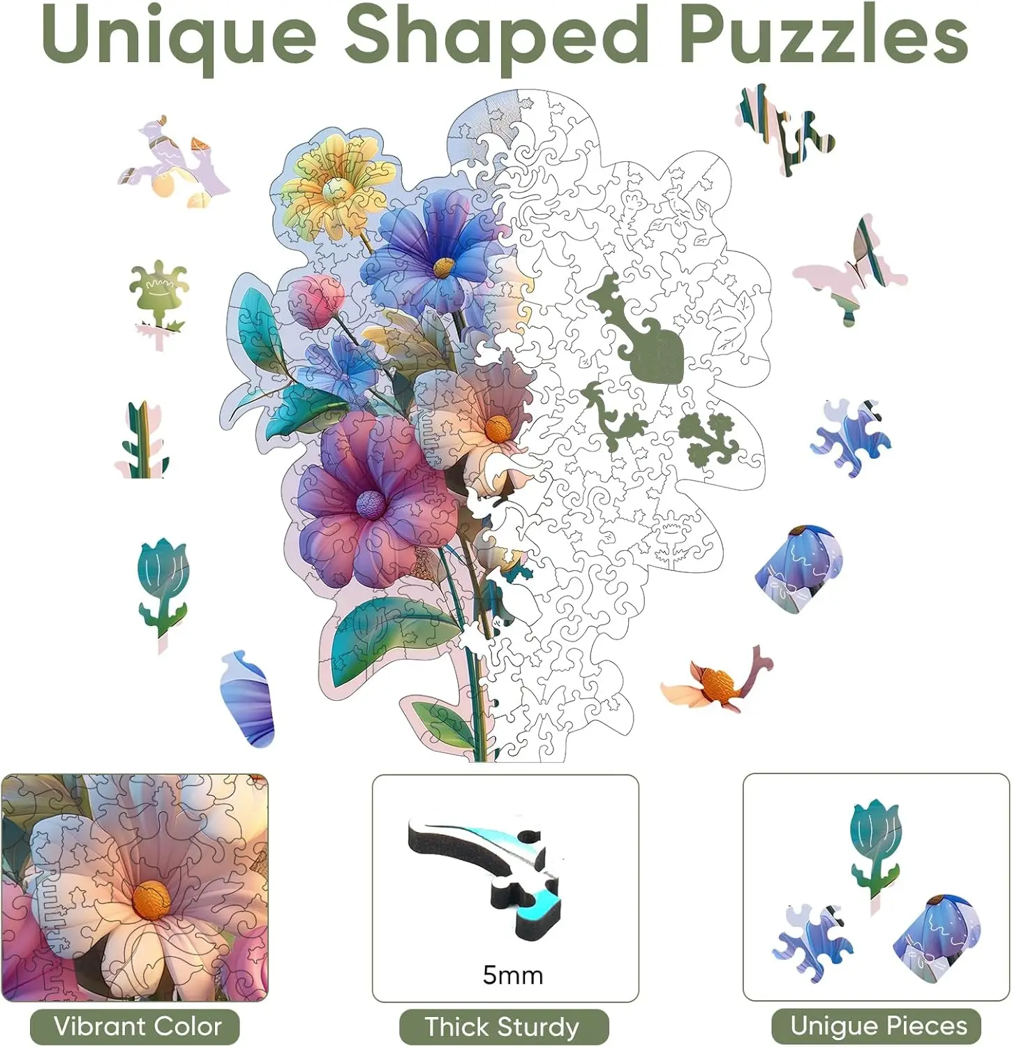 Colorful Flower Bouquet 500 Pieces Wooden Jigsaw Puzzles for Adults Unique Irregular Shape Fun Challenging Puzzles for Kids and