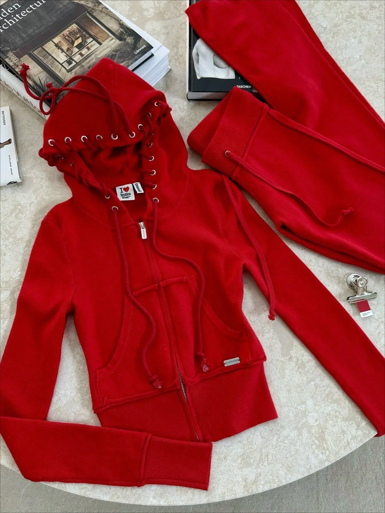 

Womens Lace-Up Hooded Zipper Sweatshirt And Slim Fit Pants Two-Piece Set