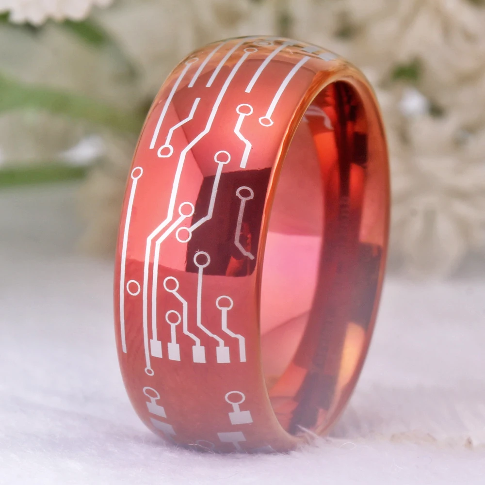 Circuit Board Ring Circuit Board With Power Button Wedding Band Tungsten PC Board Ring Wooden Inner Nerd Gift Anniversary Ring