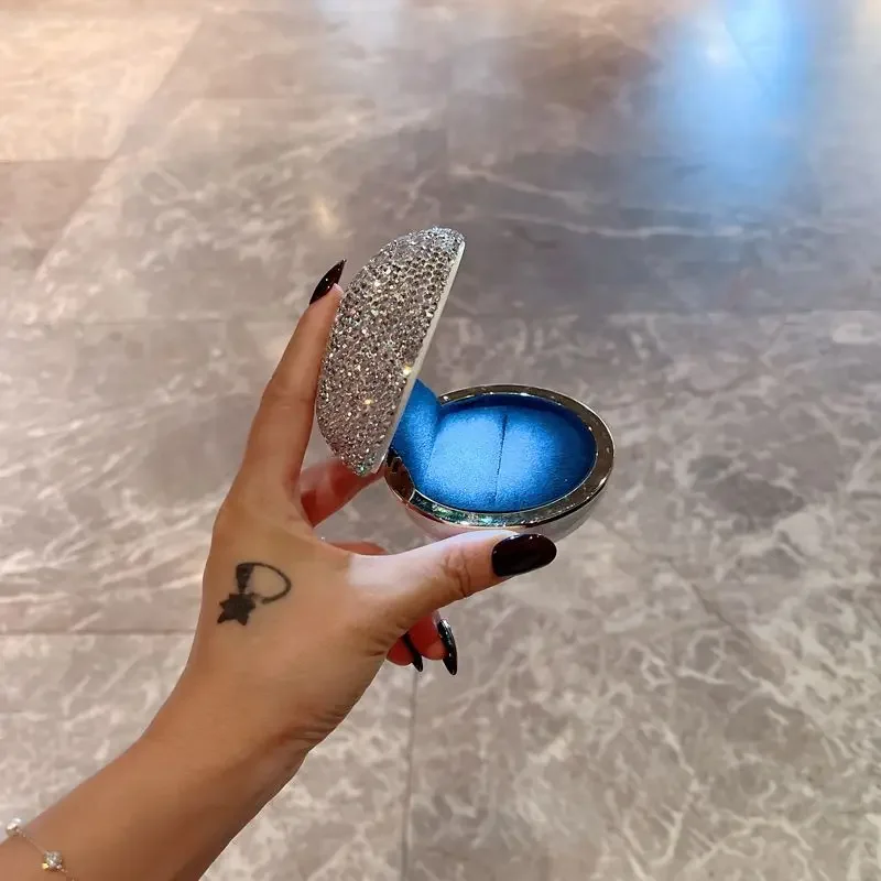 Caja de Anillo de Terciopelo Redonda de Lujo con Diamantes, Caja Organizadora de Joyas con Luz LED, Estuche para Pendientes, Caja de Regalo para Propuesta de Matrimonio, Caja para Joyas