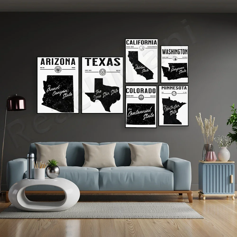 Arizona Colorado Iowa Ohi Texas Alabama Minnesota Washington California decorative map posters