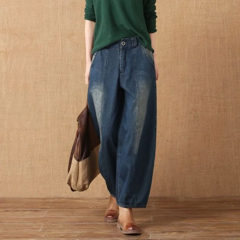 2025 Autumn and Winter New Jeans Wide-leg Pants Women's High Waist Loose Straight Retro Nine-point Bloomers Women's Tide